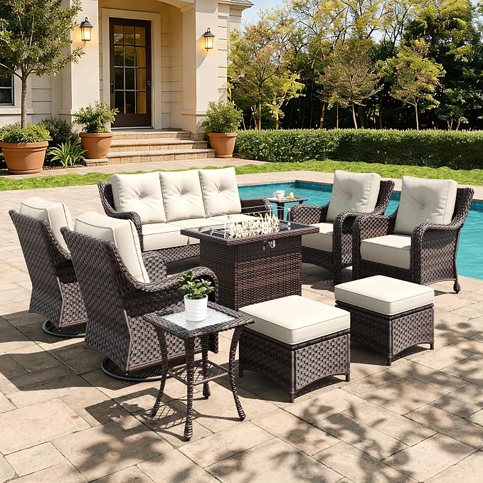10 Pieces Outdoor Furniture Set with 6-inch Cushions, High Back Wicker Swivel Rocker Chairs with Fire Pit Table, Luxury Conversation Set for Deck Patio and Poolside