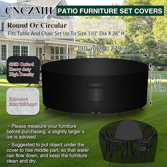 Heavy Duty Patio Furniture Covers Waterproof, 600D Round Outdoor Furniture Cover Waterproof for Sectional Sofa Couch, Outdoor Dining Table and Chair Set Covers 110"DIA x 28"H, Black