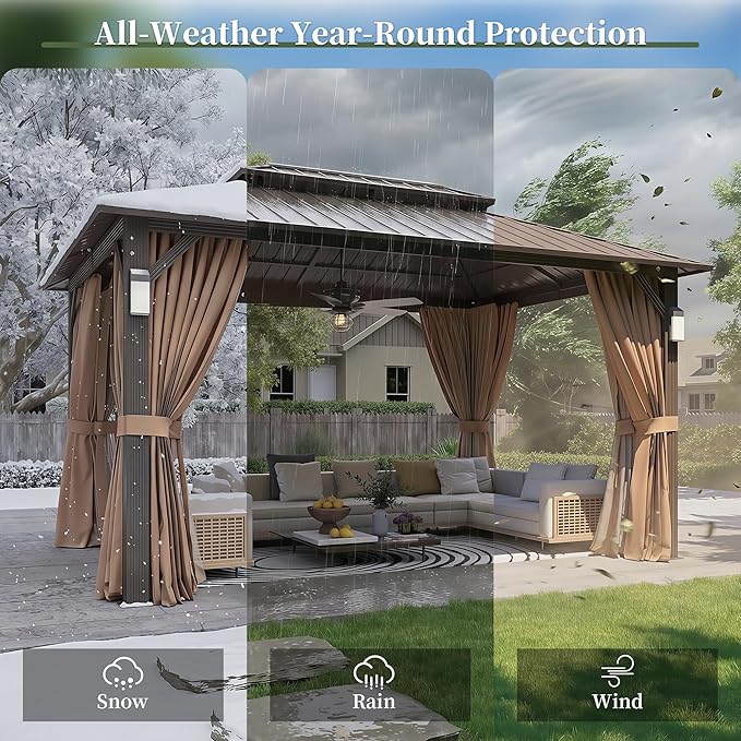 Aoxun 14'x10' Hardtop Gazebo with 4 LED Lights, Outdoor Gazebo with Galvanized Steel Double Roof, Patio Gazebo with Breathable Netting & Privacy Curtain, Decor Hooks for Backyard, Brown