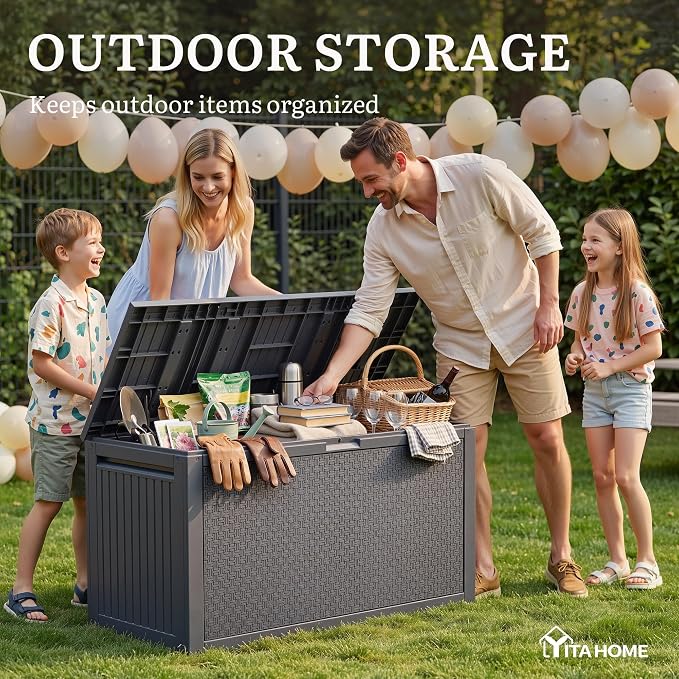 YITAHOME 95 Gallon Outdoor Storage Deck Box, Waterproof Resin Deck Box w/Handles, Lockable Outdside Deck Box for Patio Furniture, Garden Tools, Lockable & UV Resistant(Dark Gray)