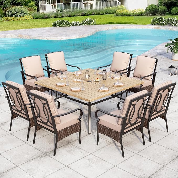 Sophia & William Metal Outdoor Dining Set for 8 Patio Outdoor Table and Chairs with 57.5” Large Square Dining Table(1.9" Umbrella Hole) & 8 Heavy-Duty Padded Outdoor Chairs, Deck Lawn Furniture Set