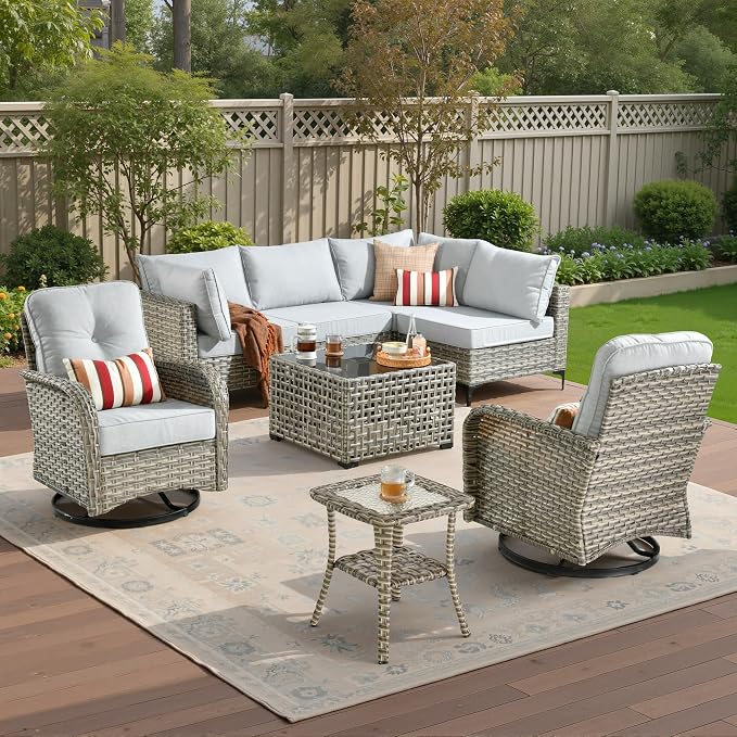 8 Pieces Patio Sectional Furniture Set, Outdoor Wicker Sectional Couch with High Back Swivel Rocker Chairs Solar Lights Table, Modern Conversation Set for Porch Balcony Backyard, Gray