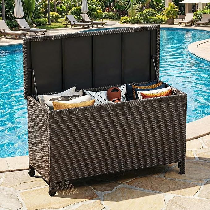GarveeHome 125 Gallon Wicker Deck Box, All-Weather Outdoor Storage Bin with Rattan Finish, Large Capacity for Patio Furniture, Cushions, Pool Supplies & Garden Tools(Brown)