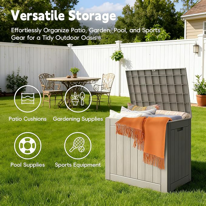 Mars Villa 31 Gallon Deck Box, Waterproof Weatherproof and UV Resistant Resin Storage Bin with Lockable Lid, for Outdoor Patio Furniture Cushions, Pool Supplies, Garden Tools, Grey