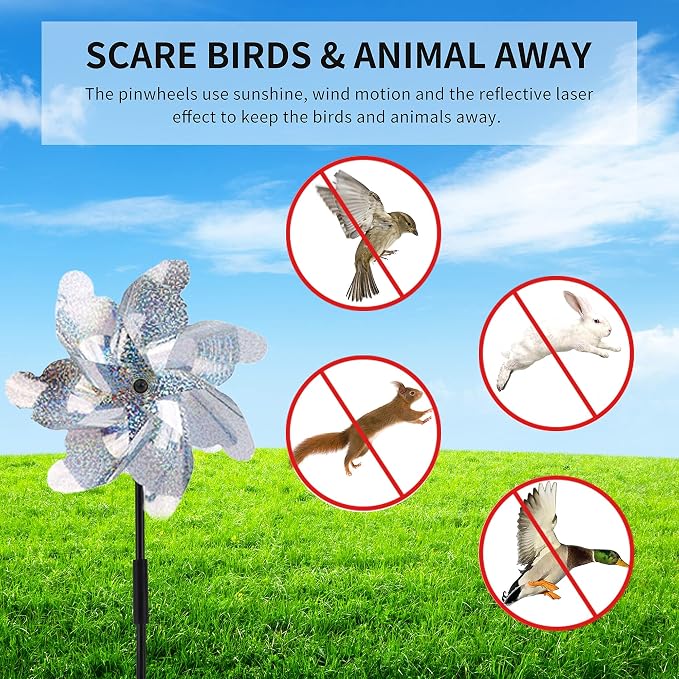 BATTIFE Preassembled Reflective Pinwheels for Yard & Garden, Silver, 12Pack | Sparkly Reflective Material Spinner, Spins Best in Steady Wind, Animal-Deterrent Results Vary by Placement and Conditions