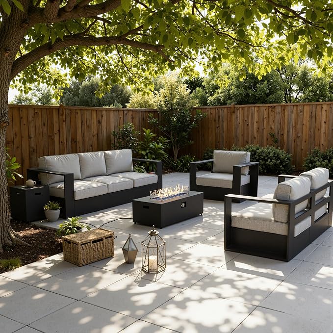 LayinSun Oversized Aluminum Outdoor Furniture Set, 5 Piece Patio Sofa Sets with Fire Pit Table, Deep Seating and Upgraded 6-inch Cushions for Porch, Balcony, Deck
