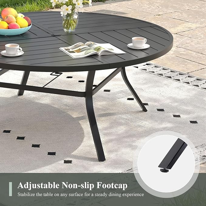 11 Pieces Outdoor Dining Set, Stackable Textilene Paito Chairs & 63.1" Round Dining Table with Umbrella Hole, Patio Dining Set for Backyard, Deck, Garden, Dark Blue & Black