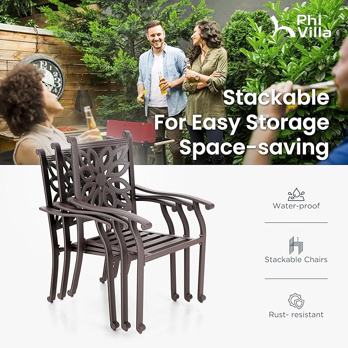 PHI VILLA 7 Pieces Outdoor Cast Aluminium Dining Set for 6, 63" Long Table with Umbrella Hole & Heavy-Duty Chairs with Cushions, Large Outside Furniture Set for Patio, Deck, Porch, Backyard - Brown