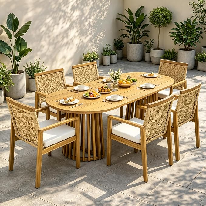 Christopher Knight Home Kora Acacia Wood Dining Table Set for 6, Outdoor Dining Set for 6, Rustic Oval Patio Dining Table and Chairs Set with PE Wicker Backrest & Soft Cushions, Teak+Natural+Beige