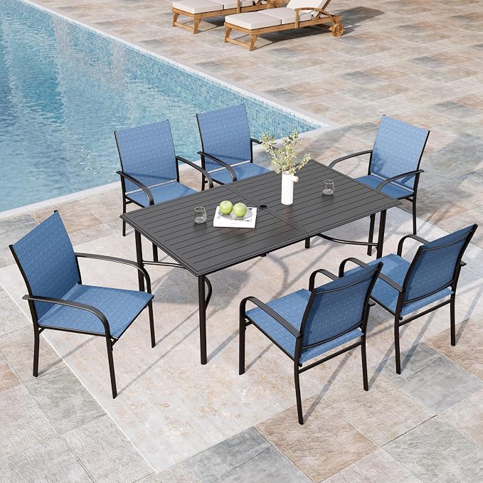 MIXPATIO 7-Piece Outdoor Dining Set 6 Blue Textilene Chairs and Steel Rectangle Table with 1.97” Umbrella Hole for Deck Garden Backyard Lawn Poolside