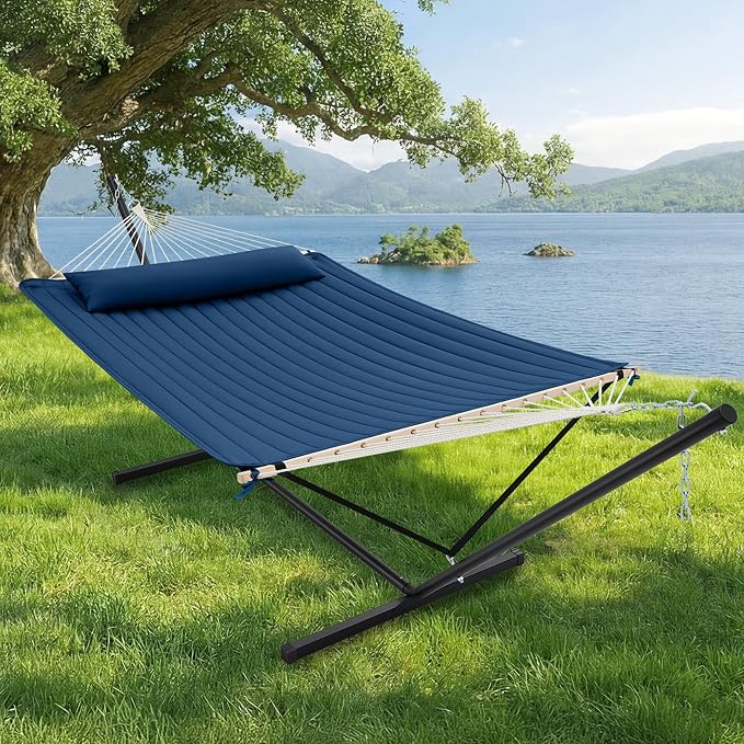 SUPERJARE 12ft Double Hammock with Stand, Rope Hammock for 2 Person, Detachable Hammock Bed and Pillow, Portable, Anti-Tip Safety Ropes, Carry Bag, Outdoor Backyard Patio Camping, Navy Blue