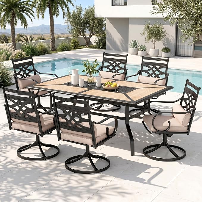 PHI VILLA Patio Dining Set, for 6, Swivel Chairs | E-Coated and Steel, Rectangle Table, Beige Cushion, 1.57" Umbrella Hole