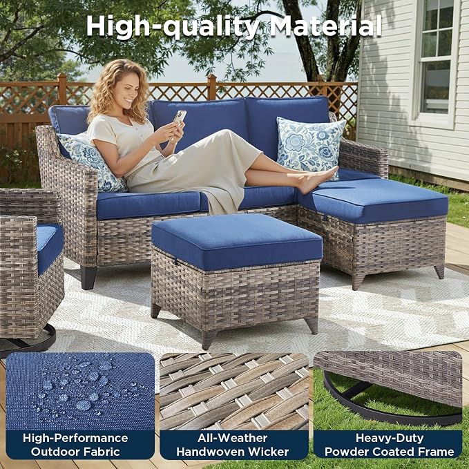Wicker Patio Furniture Set-9 Pieces All-Weather Wicker Outdoor Furniture with Swivel Patio Chairs Outdoor Patio Conversation Sets for Garden Porch Deck Grey/Blue