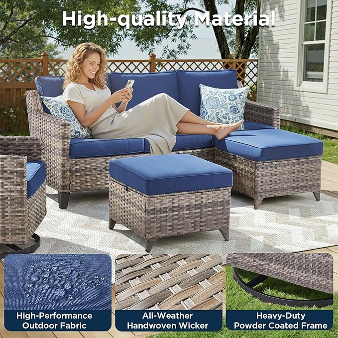 Patio Furniture Set with 42.5" Fire Pit Table-8 Pieces All Weather Wicker Outdoor Furniture with High Back Swivel Patio Chairs Set of 4 Outdoor Patio Conversation for Deck Garden Blue/Gray