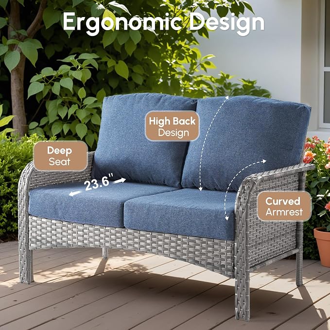 7 PCS Patio Outdoor Furniture Set with Swivel Rocking Chairs,All Weather Wicker Rattan Patio Seating Sofa and Chairs Set,Outdoor Conversaiton Sets for Deck Yard Prrch Garden Poolside,Blue