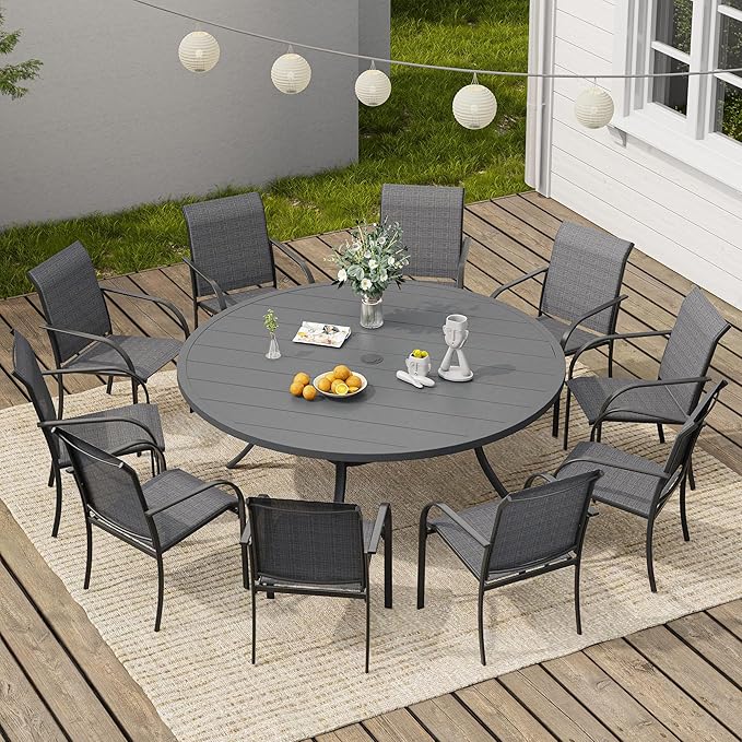 VICLLAX Round Outdoor Dining Set, Patio Table and Chairs Set Set of 10 Patio Stackable Chairs and 63" Outdoor Round Table with Umbrella Hole for Lawn Garden, Dark Grey Chairs and Dark Grey Table
