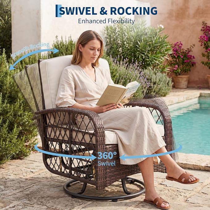 3-Piece Patio Furniture Set, 2 Swivel Rocking Chairs with 1 Rattan Side Table, Tempered Glass Tabletop, Patio Conversation Set for Deck, Porch, Garden, Poolside (Brown Wicker & Beige Cushions)