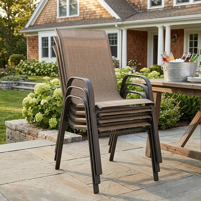 VICLLAX Round Patio Dining Set for 8, Metal Slatted Patio Table with Umbrella Hole and Stackable Patio Chairs for Deck Lawn Garden, Brown Fabric and Walnut Tabletop