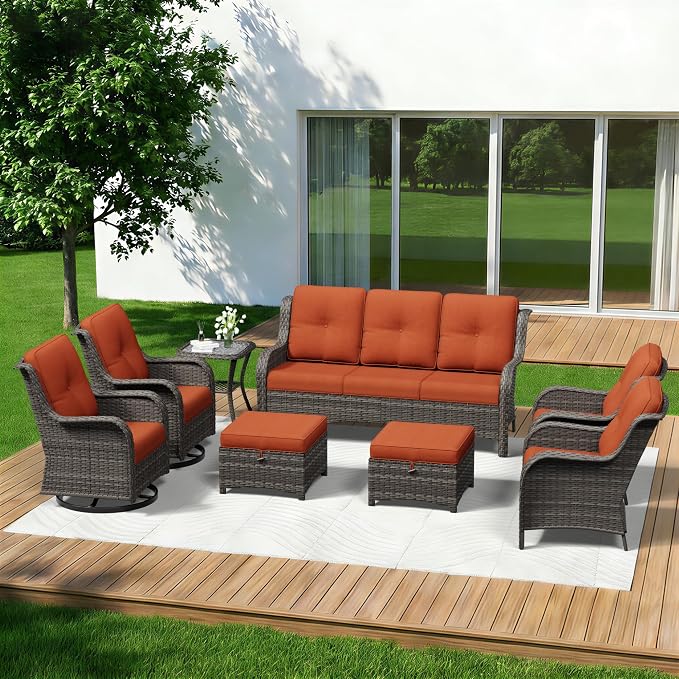 8 Piece Outdoor Wicker Patio Furniture Set, Patio Chairs Set with Thickened Olefin Cushions, High Back and Deep Seating, Hand-Woven PE Rattan, Ottoman for Porch, Deck