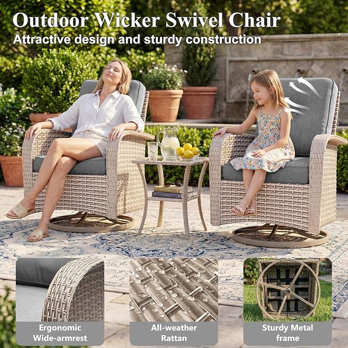 Patio Furniture Set, 12-Piece Outdoor Sectional Sofa with Swivel Rocker Chairs & Ottomans, Wicker Patio Conversation Set with Coffee Table, Gray Cushions