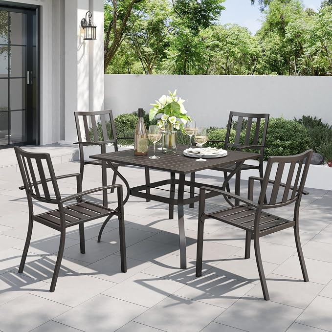 PHI VILLA 5-Piece Metal Patio Outdoor Table and Chairs Dining Set- 37" Square Bistro Table and 4 Backyard Garden Chairs, Table with 1.57" Umbrella Hole