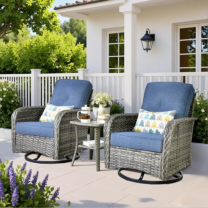 Wicker Rocking Chair Swivel Chairs - 3 Piece Rocker Glider Patio Chairs Set Rattan Rocking Chair for Outdoor Porch Deck Garden Backyard,Blue