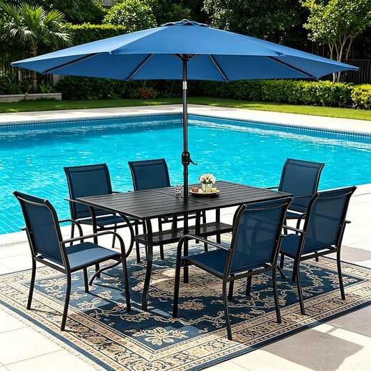 SUNCROWN 8 - Piece Outdoor Dining Set, Patio Furniture Set with 6 Textilene Dinning Chairs, 1 Rectangle Metal Table and 1 Dark Blue 9Ft Patio Umbrella for Lawn Garden Backyard Deck, Blue