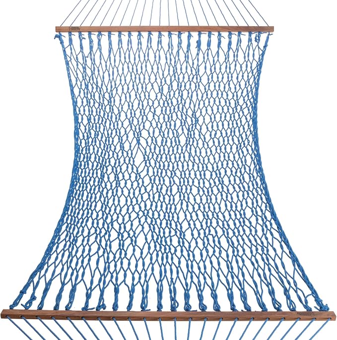 Hatteras Hammocks Small Coastal Blue DuraCord Rope Hammock – 11 ft. x 45 in., 450 lb Capacity, Cumaru Spreader Bar, Zinc-Plated Hardware, Handcrafted in The USA