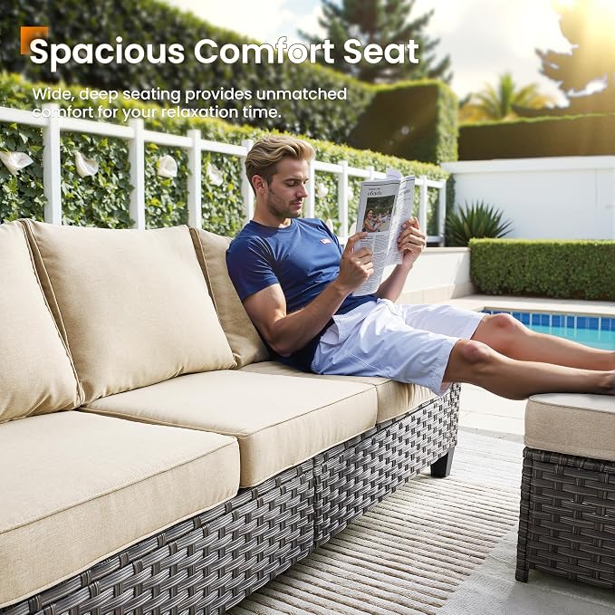 CAODOC 5 Pcs Patio Conversation Set for 7 Seats, Rattan Wicker Outdoor Patio Furniture Set, 2 x Single Chair, 2 x Ottoman, 3-Seat Sofa for Lawn Garden Backyard(Dark Grey)