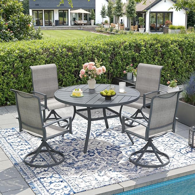 DIFY 5 Piece Outdoor Dining Set, Metal Patio Table and Chairs Set, 40.6" Round Dining Table & 4 Padded Textilene Swivel Patio Chairs, Outdoor Furniture Set for Garden Backyard Porch, Grey