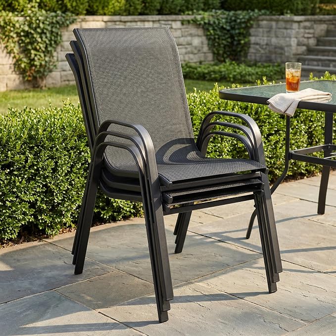 VICLLAX Round Outdoor Patio Dining Set for 6, Metal Slatted Patio Table with Umbrella Hole and 6 Stackable Patio Chairs for Deck Lawn Garden, Black Fabric and Black Tabletop