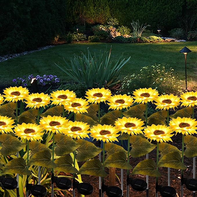FORUP 2 Pack Solar Garden Stake Lights, Outdoor Sunflower LED Lights for Patio, Lawn, Garden, Yard, Pathway Decoration, Yellow