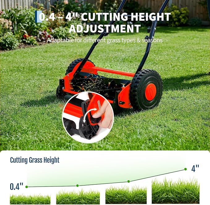 GlowSol Lightweight 5-Blade 16 inches Manual Push Reel Lawn Mower, 0.4-4in Adjustable Cutting Height, Quiet & Compact, Easy Assembly – Ideal for Small to Medium Yards – Red