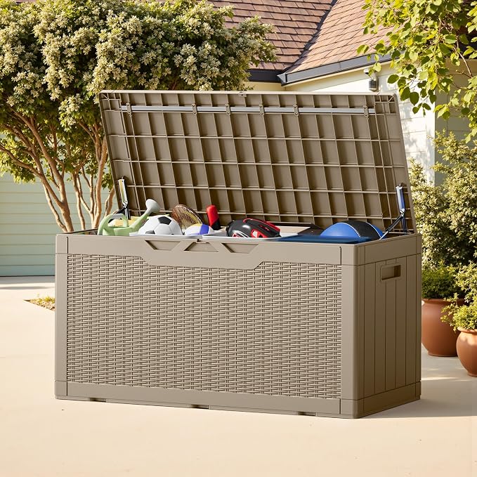 Greesum Outdoor Storage Box 100 Gallon Storage Bin with Lid for Patio Furniture, Garden Tools, Pool Supplies, Lockable, Waterproof and UV Resistant, Light Coffee