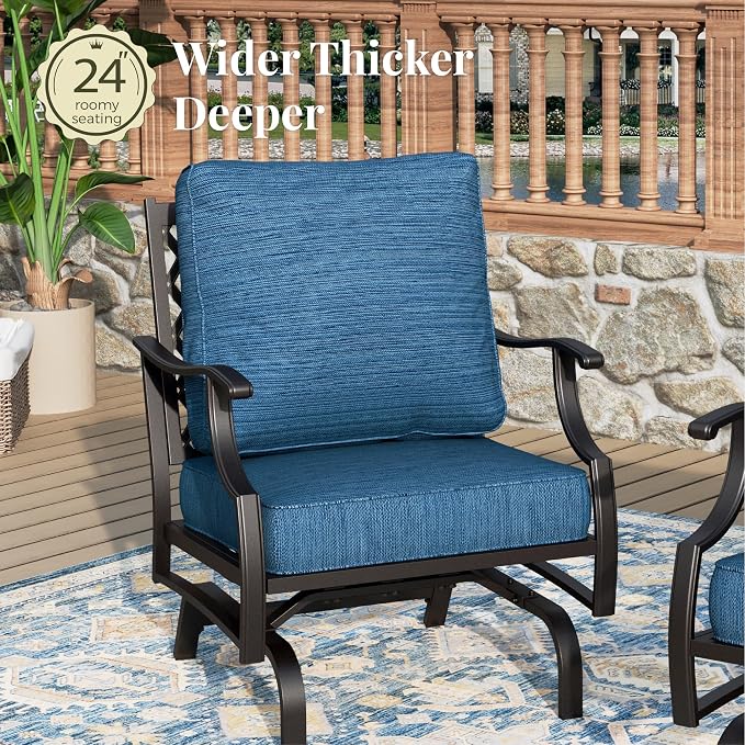 MIXPATIO Patio Furniture Set, 4 Pcs Metal Outdoor Conversation Set, 2 Rocking Chairs and 3 Seater Sofa with 5.75" Extra Thick Cushion and Gas Fire Pit Table for Backyard Deck, Gemstone Blue