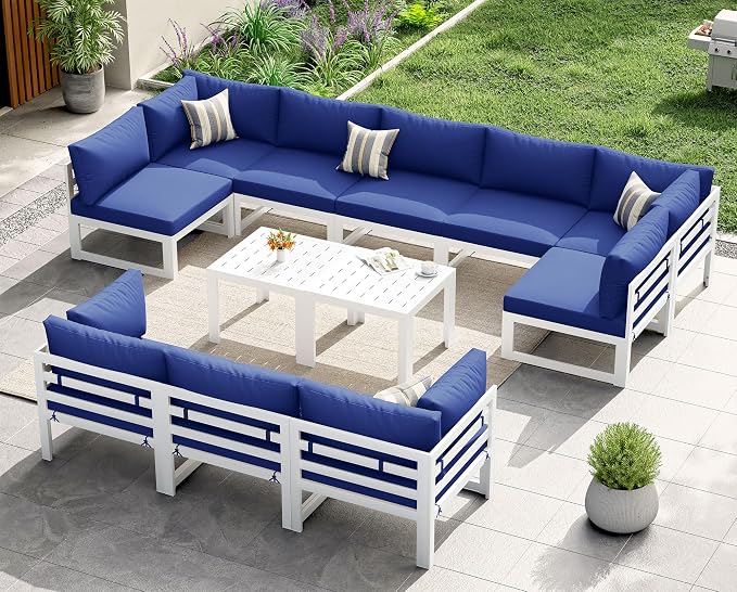 NICESOUL 12 Pcs Aluminum Patio Furniture Set for Large Groups, 500lbs Heavy Duty Outdoor Sectional Sofa with Coffee Table, L Shaped 29" Deep Wide Seating Conversation Couch for Garden Lawn, Navy Blue