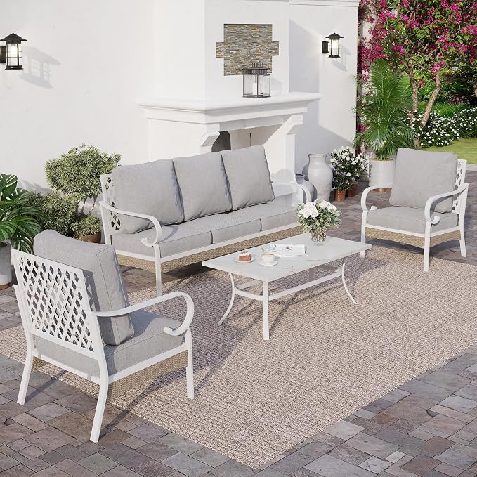 SUNSHINE VALLEY 4 Piece Metal Outdoor Patio Furniture Set, Patio Conversation Sets 1 3-Seater Sofa, 2 Single Sofa with 5.75" Extra Thick Cushion and Coffee Table, White Frame Backyard Furniture, Gray