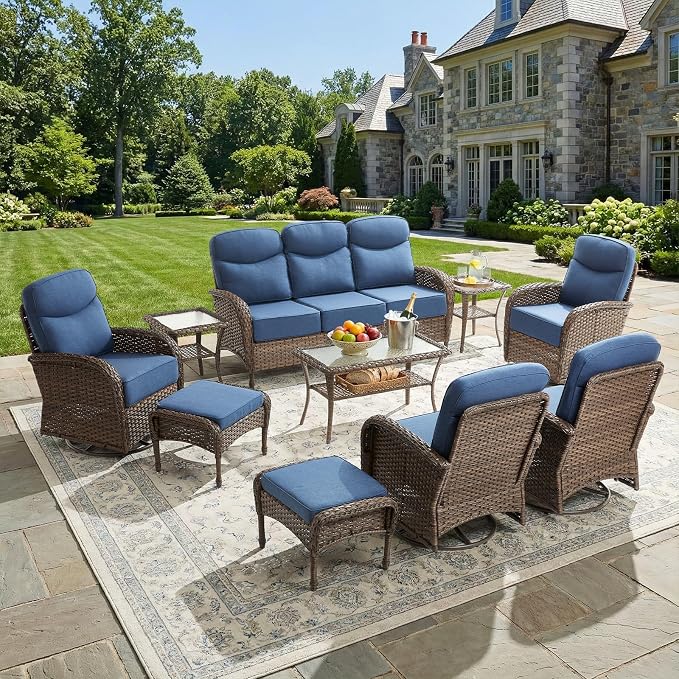 Luxury Patio Furniture Set with 6-inch Thick Cushions, Outdoor Furniture Set with High Back Swivel Chairs, 10 PCS Wicker Outdoor Conversation Set for Porch, Patio, Yard, Deck, Poolside, Brown/Blue