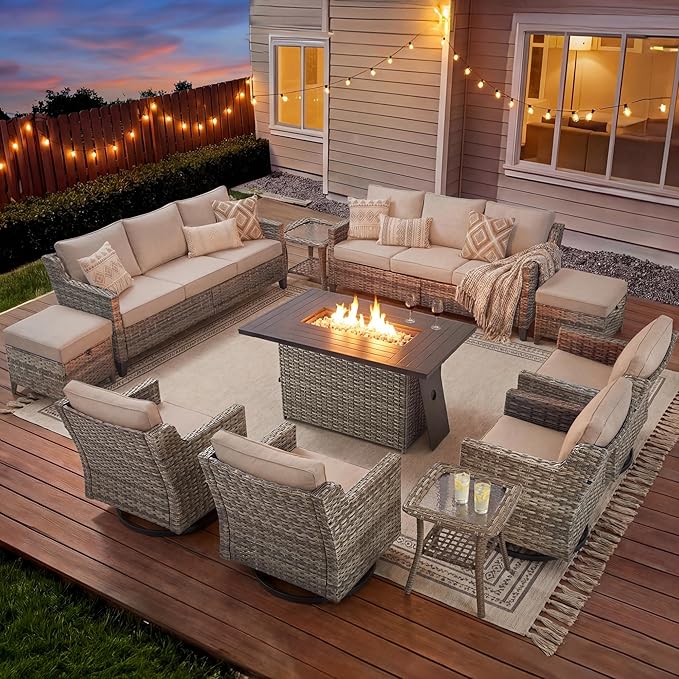 11 Pieces Patio Furniture Set with 42.5" Fire Pit Table-All Weather Wicker Outdoor Furniture with High Back Wicker Patio Chairs Set of 4 Outdoor Couch for Deck Garden Gray/Beige