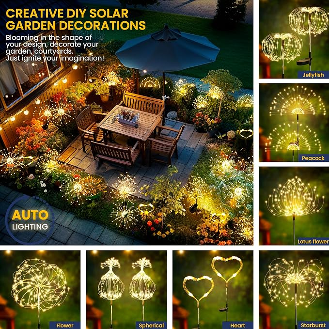 GIGALUMI 2 Pack Solar Firework Lights Outdoor, Garden Decor, Warm White | 120 LEDs, Fairy Design, Waterproof, Garden Decor, Solar Powered for Yard, Pathway, Flowerbed, Planter, Balcony, Gifts for Mom