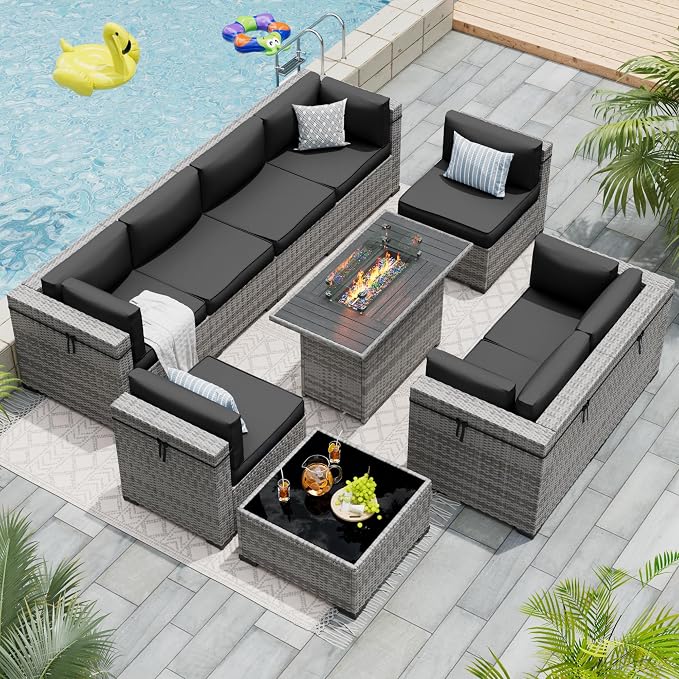 Patio Furniture Set with 44'' Propane Gas Firepit Table, 10 PCS Modular Outdoor Sectional Conversation Sets, All-Weather Wicker Patio Set for Backyard, Black (Waterproof Covers Included)