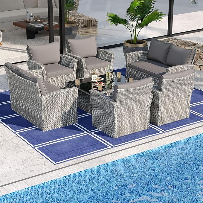 Tangkula 8 Pieces Patio Furniture Set, Outdoor PE Wicker Sectional Conversation Bistro Set with 2 Rattan Chairs, Loveseat, 2-Tier Tempered Glass Coffee Table and Cushions for Balcony, Garden
