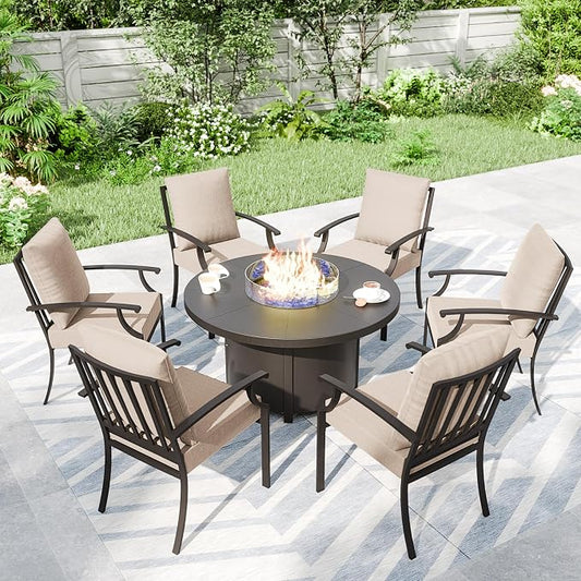 Kullavik 7 Piece Metal Outdoor Patio Furniture Set with Fire Pit Table,Outdoor Dining Table Set with 6 Fixed Chairs and 55000 BTU Outdoor Round Fire Pit,Sand