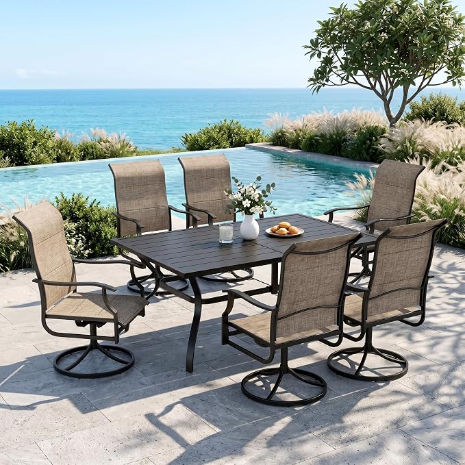 MIXPATIO 7 Pieces Patio Dining Set, Outdoor Table and Chairs, 6 x Textilene Swivel Dining Chairs and 60" Rectangle Black Table, for Cozy Garden Settings, Grey-Brown