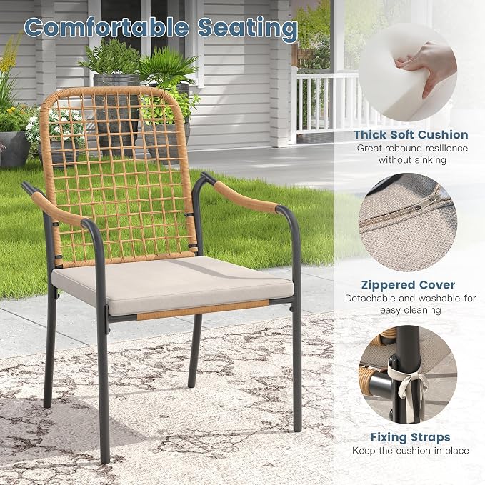 DIFY 5 Pieces Outdoor Dining Set, Metal Patio Table and Chairs Set for 4, 40.6" Round Dining Table with Umbrella Hole & Wicker Stackable Patio Chairs with Cushions, Grey Wood-Like Tabletop