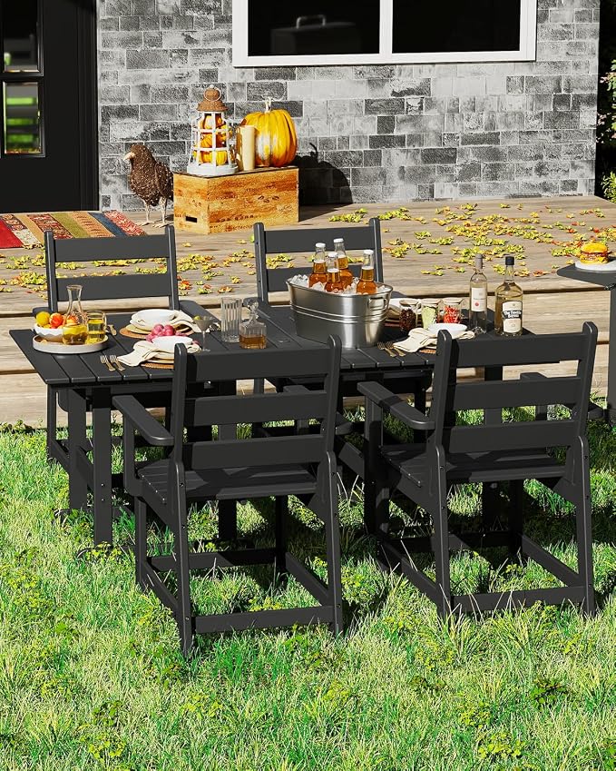 GREENVINES 5-Piece-Outdoor-Table-and-Chairs | HDPE | Patio Furniture | Slatted Dining Sets for 4 | Removable Armrests | Connectable Tables | All Weather | for Backyard Poolside Garden | Black