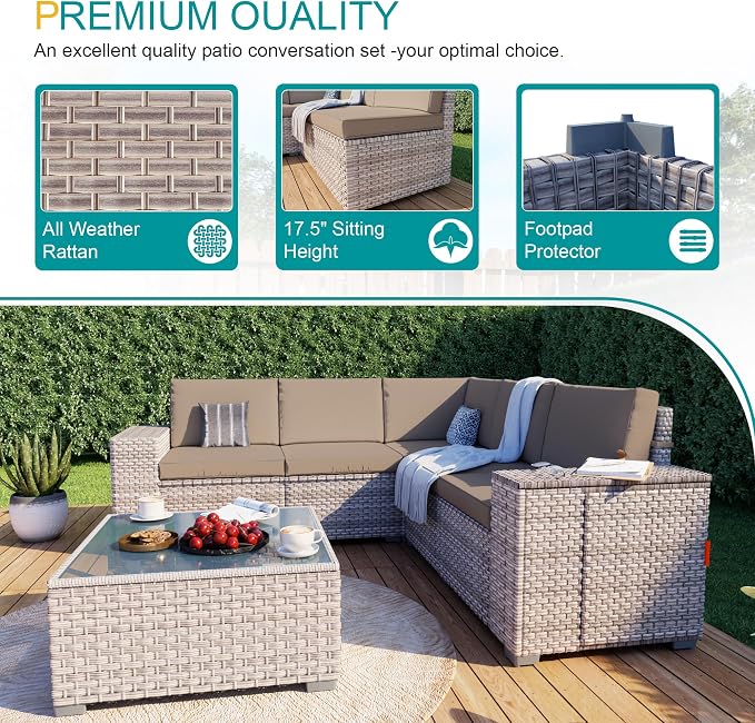12-Piece Patio Furniture Set, Outdoor Extra Wide Armrest Modular Patio Sofa, Dual-Strand Rattan Wicker, Rust-Resistant Frame, Backyard High Back, Large Seat Furniture for Porch Garden Balcony, Khaki