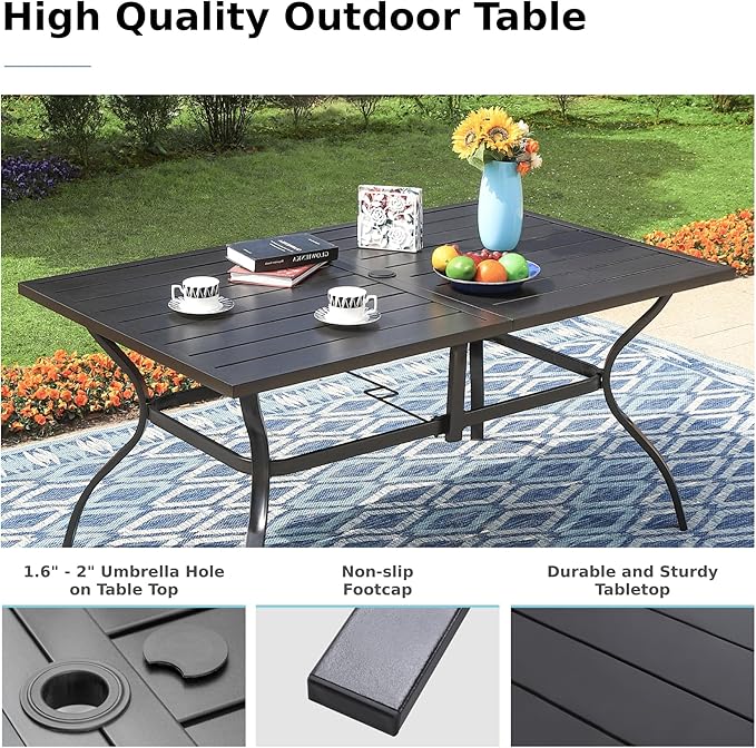 MFSTUDIO Outdoor Dining Set for 6, Patio Table and Chairs Set with Umbrella Hole, Metal Patio Furniture Dining Set for Deck Backyard Poolside Garden