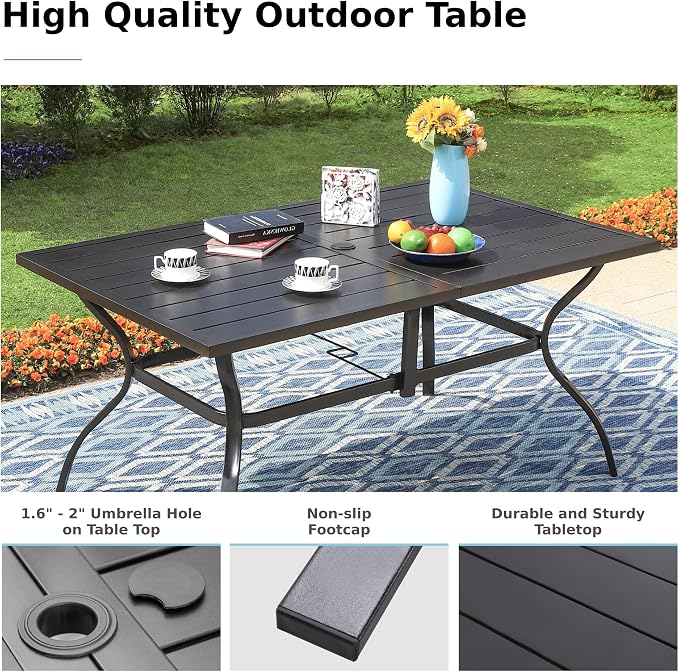 MFSTUDIO Outdoor Dining Set with Umbrella, Metal Patio Dining Set for 6 Persons, Patio Furniture Set with Beige Umbrella (Base not Included)