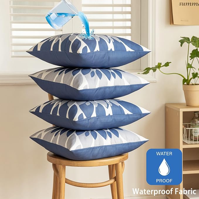 Pack of 4 Outdoor Waterproof Pillow Covers 24x24 Decorative Outdoor Throw Pillows Garden Square Cases for Patio Furniture, Couch, Tent Sunbrella, Bench, Blue Grey